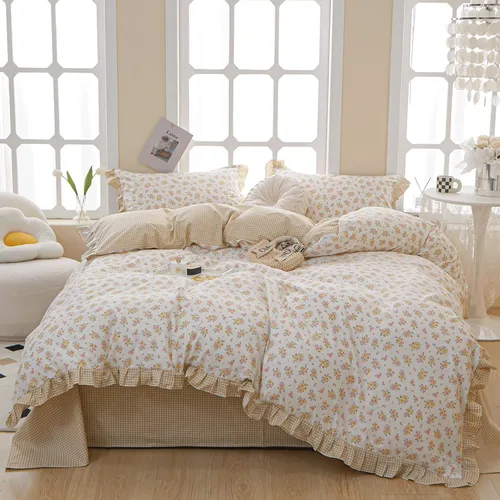 Vista 13 de VM VOUGEMARKET Juego de edredón de encaje tamaño Twin XL, edredón a cuadros azul con patrón Gingham con 2 fundas de almohada románticas de encaje