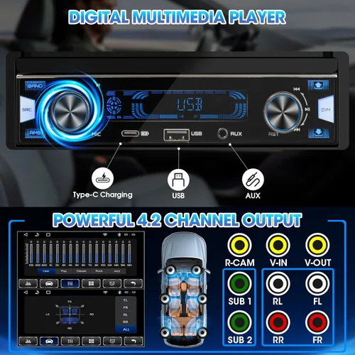 Vista 5 de Radio de pantalla táctil abatible de un solo DIN: 7 pulgadas CarPlay Android Auto estéreo para automóvil con cámara de respaldo Bluetooth 300 W 4.2