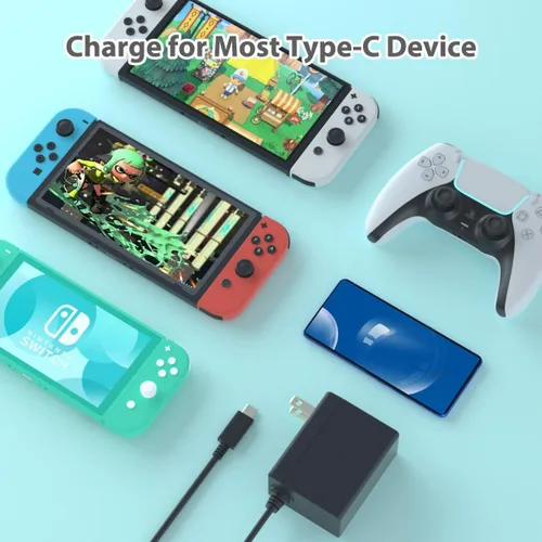 Vista 4 de Cargador para Nintendo Switch con cable de carga de 6.6 pies, adaptador de fuente de alimentación de CA a Nintendo Switch y OLED y Lite, salida