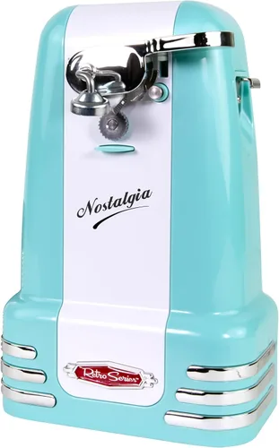 Abrelatas Eléctrico Retro de Nostalgia para Cocina con Removedor de Tapas Magnético, Afilador de Cuchillos y Abridor de Botellas de Soda o Cerveza