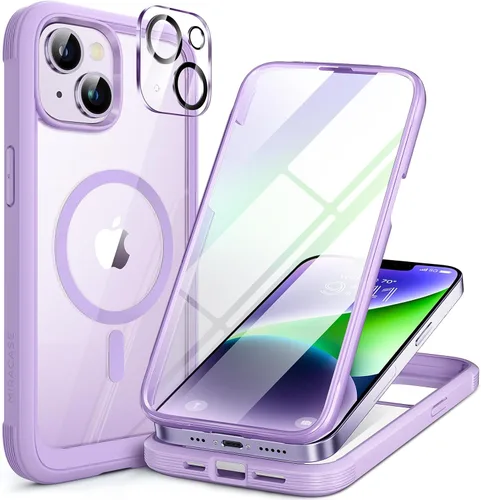 Vista 163 de Miracase Funda magnética para iPhone 14 de 6.1 pulgadas, protector de pantalla de vidrio templado integrado + protector de lente, compatible