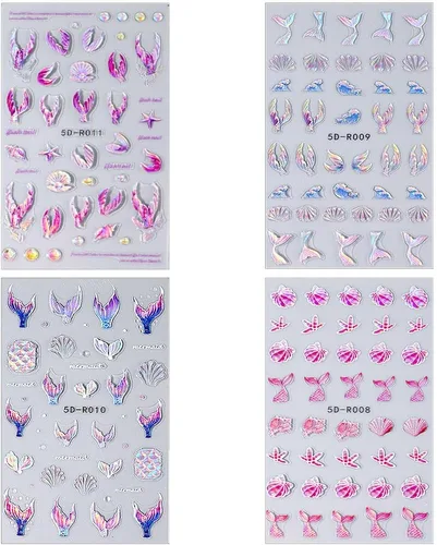Vista 2 de Calcomanías de uñas de cola de sirena de ensueño 5D, calcomanías de uñas de verano 5D en relieve láser de sirena, calcomanías de arte de uñas de ola