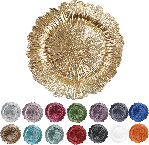 Evershine Juego de 6 platos de plástico redondos dorados de 13 pulgadas, cargador de arrecife floral para platos de comedor, mesa y decoración de Oro