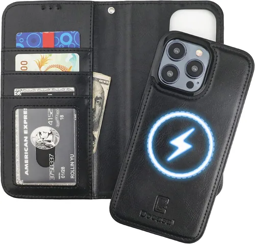 Vista 21 de Funda tipo cartera desmontable Bocasal para iPhone 15 Pro Max con bloqueo RFID, ranuras para tarjetas, soporte magnético, cuero PU premium, atril