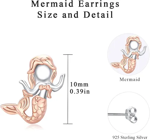 Vista 6 de Pendientes de sirena de oro rosa, de plata de ley 925, hipoalergénicos, lindos pendientes de sirena para orejas sensibles, regalo de cumpleaños