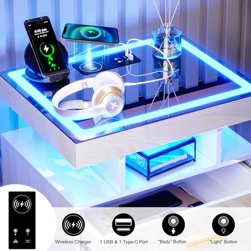 Vista 28 de HNEBC Mesita de noche LED con estación de carga (puertos USB, puertos tipo C), mesa de noche de alto brillo con 2 cajones, mesita de noche