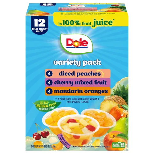 Vista 10 de Dole Duraznos en Cubitos, Naranjas Mandarinas y Frutas Mixtas de Cereza sin Azúcar Añadido Paquete Variado - Bocadillos Dole Fruit Bowls - Tazones