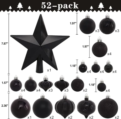Vista 4 de Paquete de 52 adornos navideños negros irrompibles para árbol de Navidad y estrella superior - Para decoración navideña
