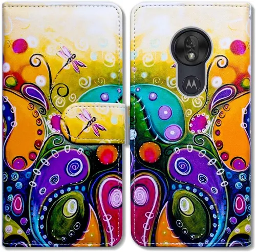 Bcov Funda para Moto G7 Play 2019, funda para Moto G7 Optimo, funda colorida de piel con libélula con soporte para ranura para tarjetas y soporte