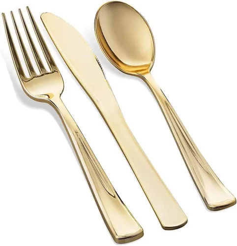 Vista 6 de Juego de vajilla dorada de 125 piezas, 50 platos de plástico transparente con borde dorado, 25 platos de cena, 25 platos de postre, 25 cuchillos, 25