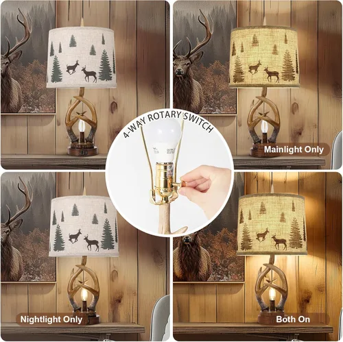 Vista 5 de Scenekoy Juego de 2 lámparas de mesa rústicas con cuernos de granja, con luz nocturna, puertos USB duales, tela de lino, pantalla redonda, lámpara