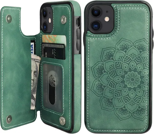 Vista 11 de Vaburs Funda compatible con iPhone 11 con tarjetero y diseño de mandala en relieve, piel sintética de alta calidad, doble botones magnéticos, a