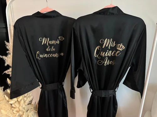 Vista 6 de Personalized Satin Robe for Quinceañera, Mis Quince, Sweet 16, Bridesmaid, or Birthday, Custom Glitter Design Batas with Crown, Tiara, or Diamond