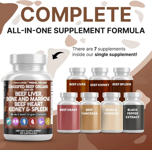 Vista 2 de Cápsulas de hígado de res alimentada con pasto de Clean Nutraceuticals - Suplemento de calidad premium empaquetado con corazón de res, bazo