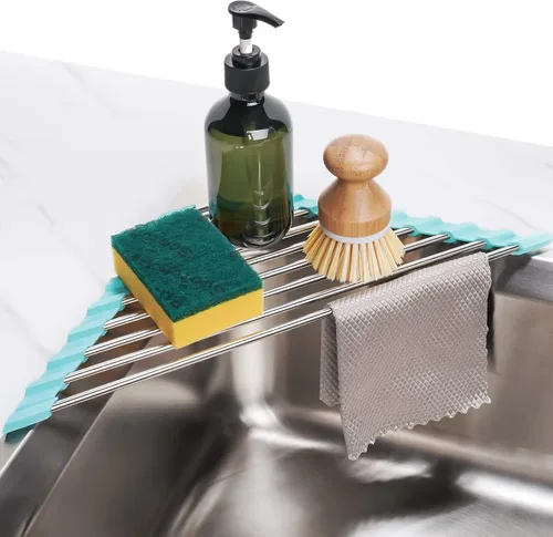 Vista 13 de Tomorotec - Estante de secado de platos triangular enrollable para esquina de fregadero, pequeño, plegable, de acero inoxidable, sobre el fregadero