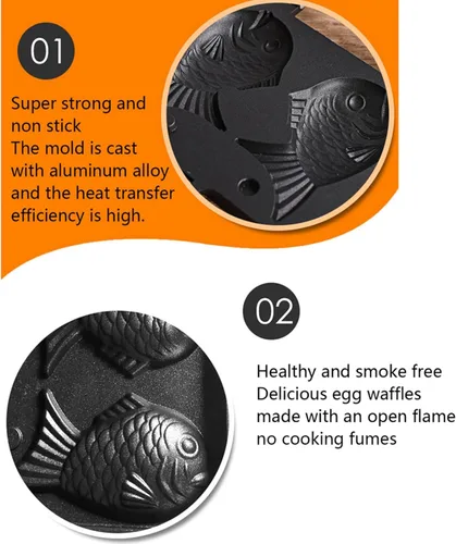 Vista 3 de Taiyaki Maker - Molde antiadherente para hacer pasteles calientes con forma de pez japonés, molde para waffle, molde doble para el hogar, bricolaje