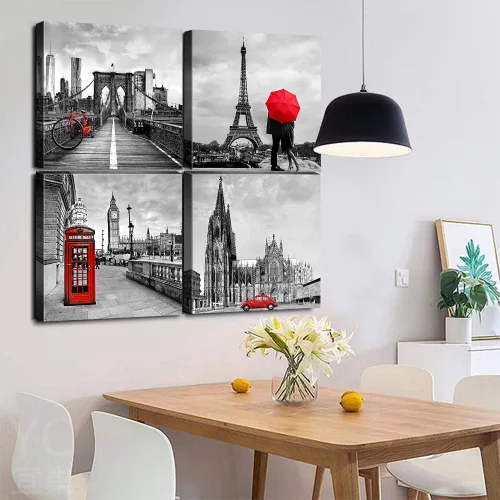 Vista 4 de Lienzos enmarcados para decoración de pared, en blanco y negro, las ciudades de París y Londres, edificios, calles, camiones y automóviles clásicos