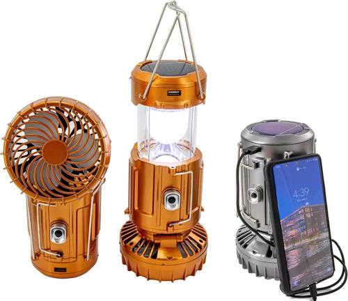 Linterna solar grande alimentada por luz LED y ventilador, 6 en 1, portátil, plegable, recargable, lámpara de campamento con ventilador, estación de