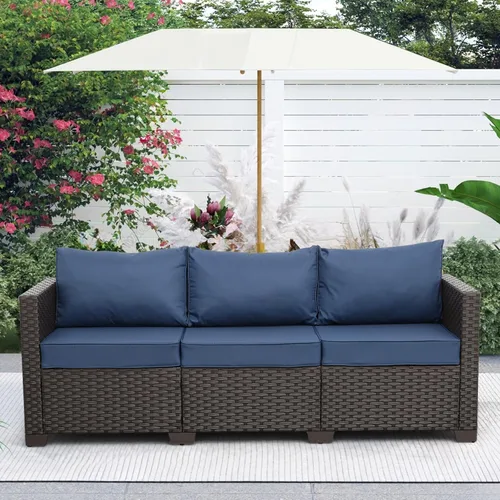 Vista 2 de Rattaner Sofá de mimbre para patio de 3 asientos, muebles de sofá de ratán para exteriores con marco de acero con funda para muebles y asiento Azul