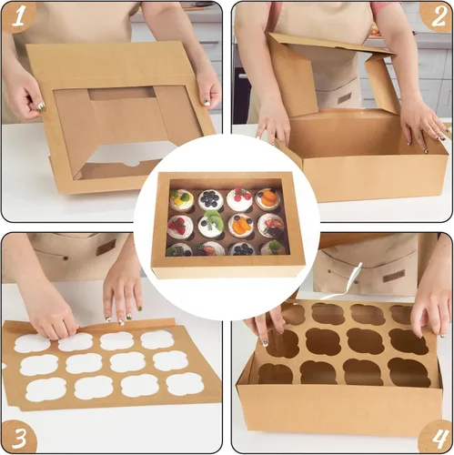 Vista 5 de 12 cajas para cupcakes con ventanas, 6 contenedores de papel kraft para cupcakes con inserto para 72 cupcakes para cumpleaños, vacaciones, fiestas