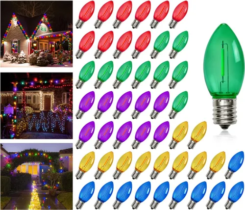 KGC C9 Bombillas LED de repuesto para luces navideñas - 0,6 W equivalente a 7 W, bombillas LED de plástico irrompible e impermeable C9, tornillo E17