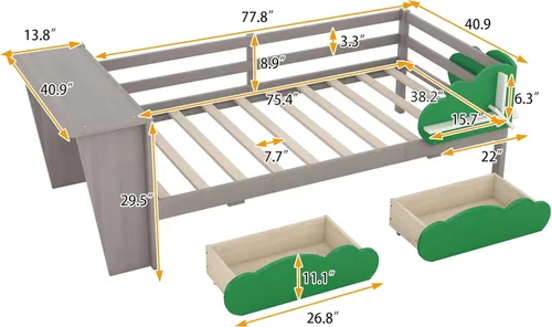 Vista 11 de Anwick Base de cama individual con escritorio y nido, sofá cama de madera con escritorio y estantes en forma de árbol verde, cama de plataforma