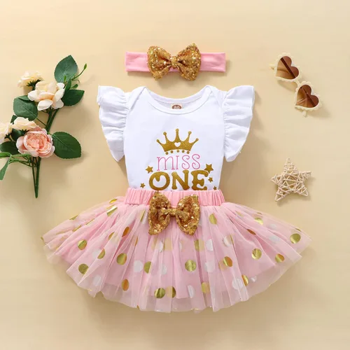 Vista 9 de ATCTBOGFS Conjunto de mameluco de algodón para el primer cumpleaños para niñas con lentejuelas y lazo para la cabeza, 3 piezas