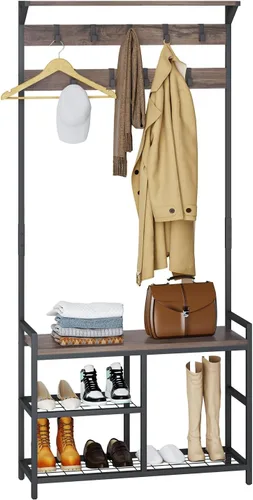 Vista 8 de HOMEKOKO Perchero para zapatos, banco de entrada de árbol de pasillo con almacenamiento, muebles decorativos de aspecto de madera con marco