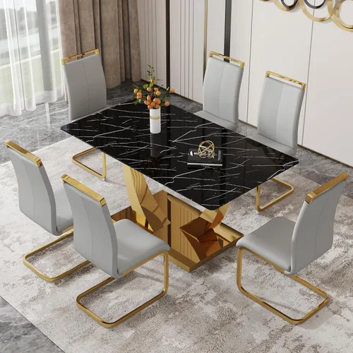 Vista 73 de Mesa de comedor moderna para mesa de comedor de mármol sintético de 4/6, 63 pulgadas, mesa de cocina rectangular, mesa de cocina y comedor de fácil