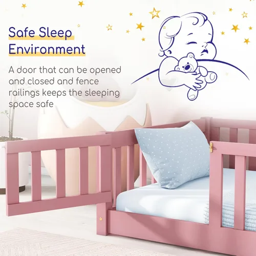 Vista 3 de Tatub Cama de suelo individual con rieles, puerta y listones, marco de cama Montessori de madera para niños y niñas, rosa