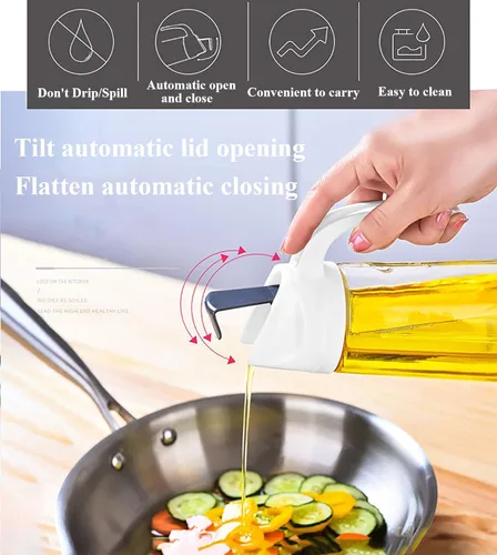 Vista 3 de Botella dispensadora de aceite de oliva con tapa automática y tapón automático, 10 onzas, con tapa y tapón automático, boquilla antigoteo, mango
