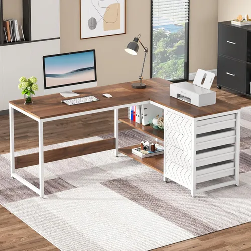 Vista 11 de Tribesigns Escritorio para computadora en forma de L con cajones de almacenamiento, escritorio esquinero de 59 pulgadas con estantes, escritorio