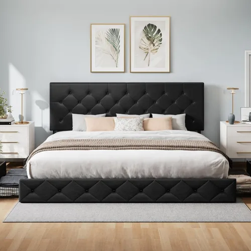 Vista 3 de WEEWAY Base de cama de plataforma tamaño King con 4 cajones de almacenamiento, cabecera capitonada con botones de costura de diamante, base de Negro