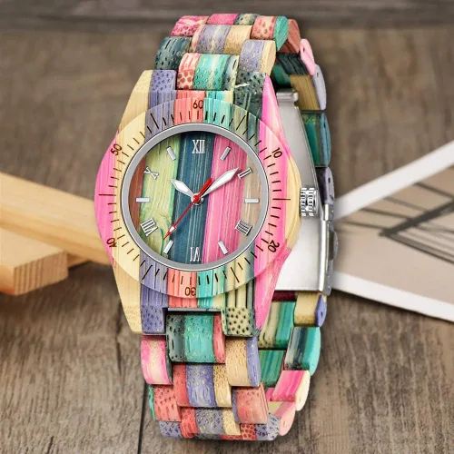 Vista 4 de Tiong Reloj de madera para mujer con correa de madera, cuarzo analógico, diseño clásico, colorido reloj de pulsera de bambú para damas, parejas..