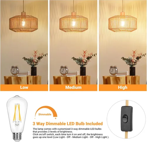 Vista 3 de Lámpara colgante enchufable de papel tejido de ratán estilo bohemio, lámpara colgante rústica de granja para cocina, comedor, dormitorio, entrada