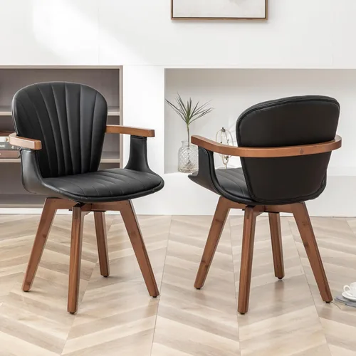 Vista 7 de LUNLING Swivel Dining Room Chairs Set of 2, Mid Century Modern Black Faux Leather Kitchen Chairs with Arms,Bamboo Legs Side Chairs No Wheels,Accent