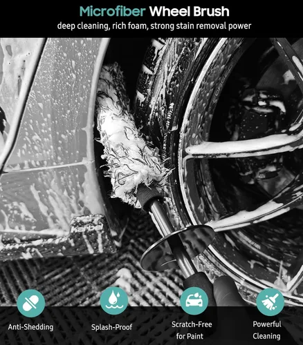 Vista 2 de YeewayVeh Cepillo de limpieza de ruedas de 3 piezas, cepillo limpiador de llantas planas de microfibra con 2 cubiertas extra reemplazables, kit