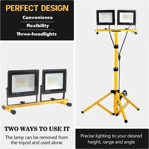 Vista 5 de Luces de trabajo de 22000 lúmenes con soporte, luz de trabajo LED de 2 cabezales ajustables, con soporte de trípode ajustable y plegable, lámpara