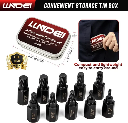 Vista 6 de LLNDEI Juego de extractor de tornillos, cabezal hexagonal Easy Out, 10 piezas, extractor de extracción Ez Out multilínea (1/8"-13/32") CR-MO