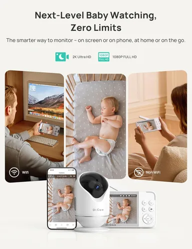 Vista 2 de Dr.Care VistaView 5” Cámara de seguridad inteligente WiFi para bebé con montaje de clip - Cámara HD 2K, control de aplicación, alertas de llanto