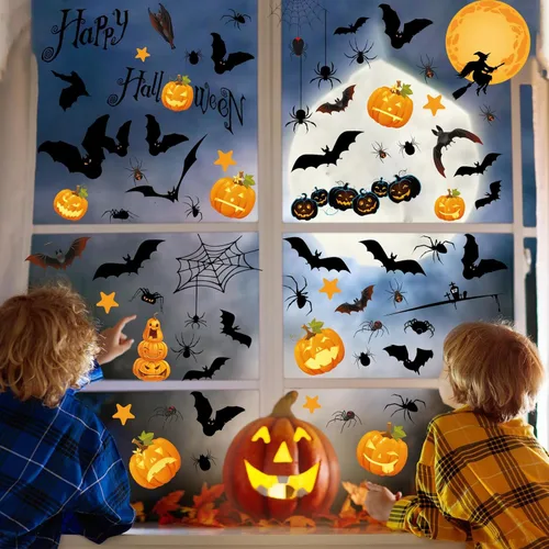 Vista 6 de Calcomanías de calabaza, araña y murciélagos para ventanas de tienda de Halloween, calcomanías de ventana de doble cara para decoración