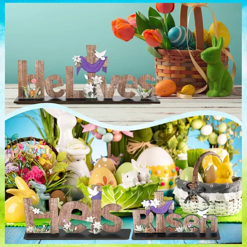 Vista 7 de Marsui 3 piezas de decoraciones de Pascua con texto en inglés «He is resucitado», letreros de madera con texto en inglés «He is resucitado»