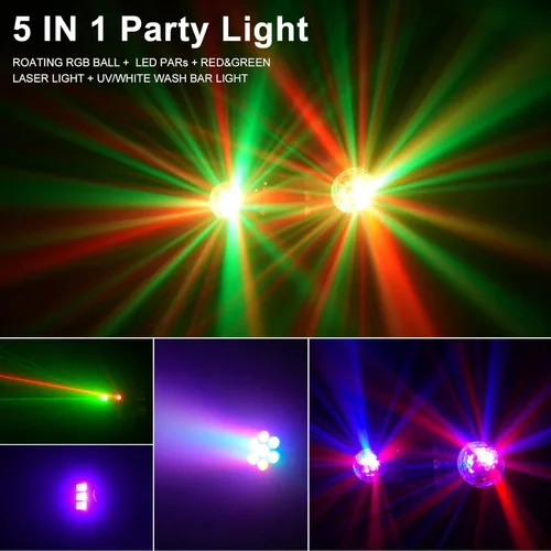 Vista 2 de Luces de DJ con Soporte, 5 en 1 Luces de DJ para Fiestas Bola de Discoteca Conjunto de Luces de Fiesta de Escenario con Control Activado por Sonido