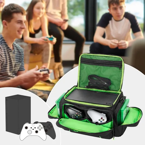 Vista 7 de PGmoon Funda de transporte para consola de juegos compatible con Xbox Series X, bolsa de transporte portátil con suficientes salas de almacenamiento