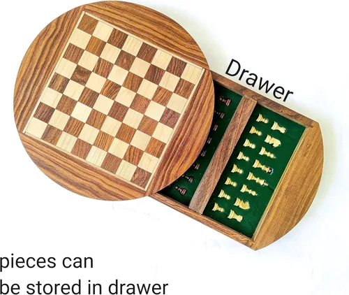 Vista 2 de Acecrafts Handmade Round Chess Board Set of Indian Rosewood Magnetic 32 Pieces Portable Book Style Design Chess Set with Storage Anti-Scratching