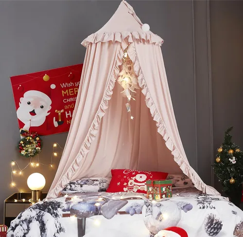 Vista 11 de VETHIN Toldo de cama para niños con luces, doble capa de cúpula redonda de princesa para niños, mosquitera de ensueño, habitación de niñas