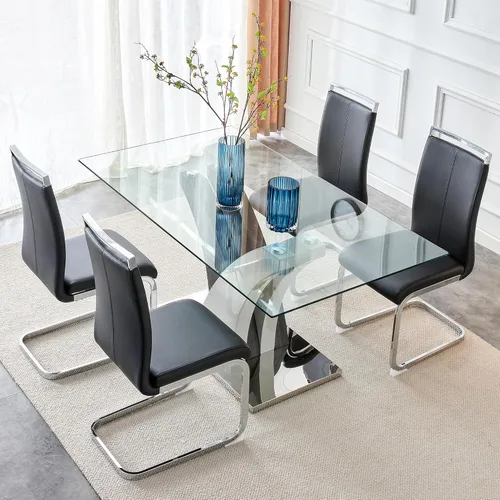 Vista 4 de AZmac Juego de mesa de comedor de cristal para 4, juego de mesa de comedor de 63 pulgadas para 4, mesa de cocina moderna y 4 sillas de comedor