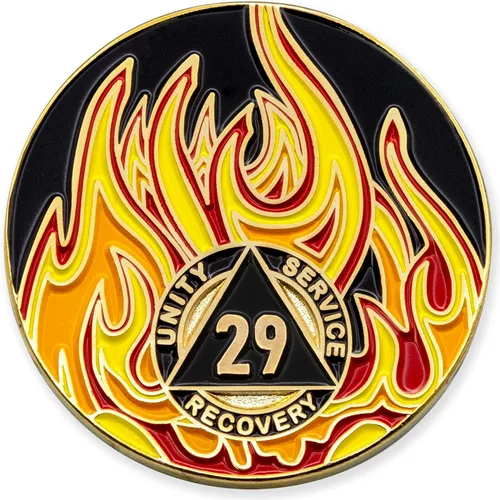 Vista 41 de Medallón de recuperación AA chapado en oro de 1 año Twisted Flames - Negro/Rojo/Naranja/Amarillo