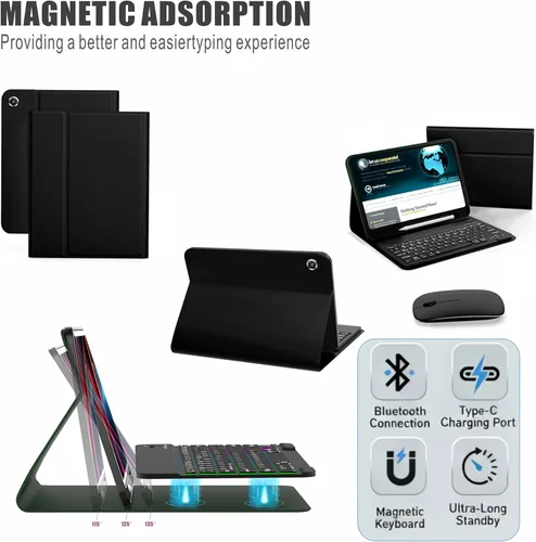 Vista 5 de Funda de teclado para Samsung Galaxy Tab A9+ Plus 2023/A11+ Plus 2025 de 10.9 pulgadas, incluye mouse y teclado magnético con retroiluminación Negro