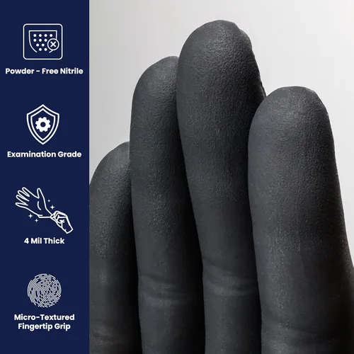 Vista 2 de Caja de guantes de nitrilo Night Angel de Adenna, de 4 mil, sin polvo, para exámenes, color negro. Tamaños de extrapequeño a extragrande., S, Negro